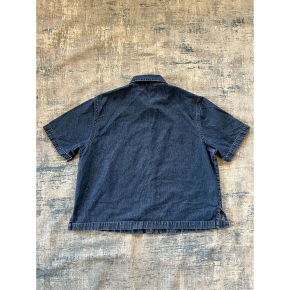 New Direction Floral Bird Birdhouse Button Front Denim Short Sleeve Tee Large - Picture 2 of 7